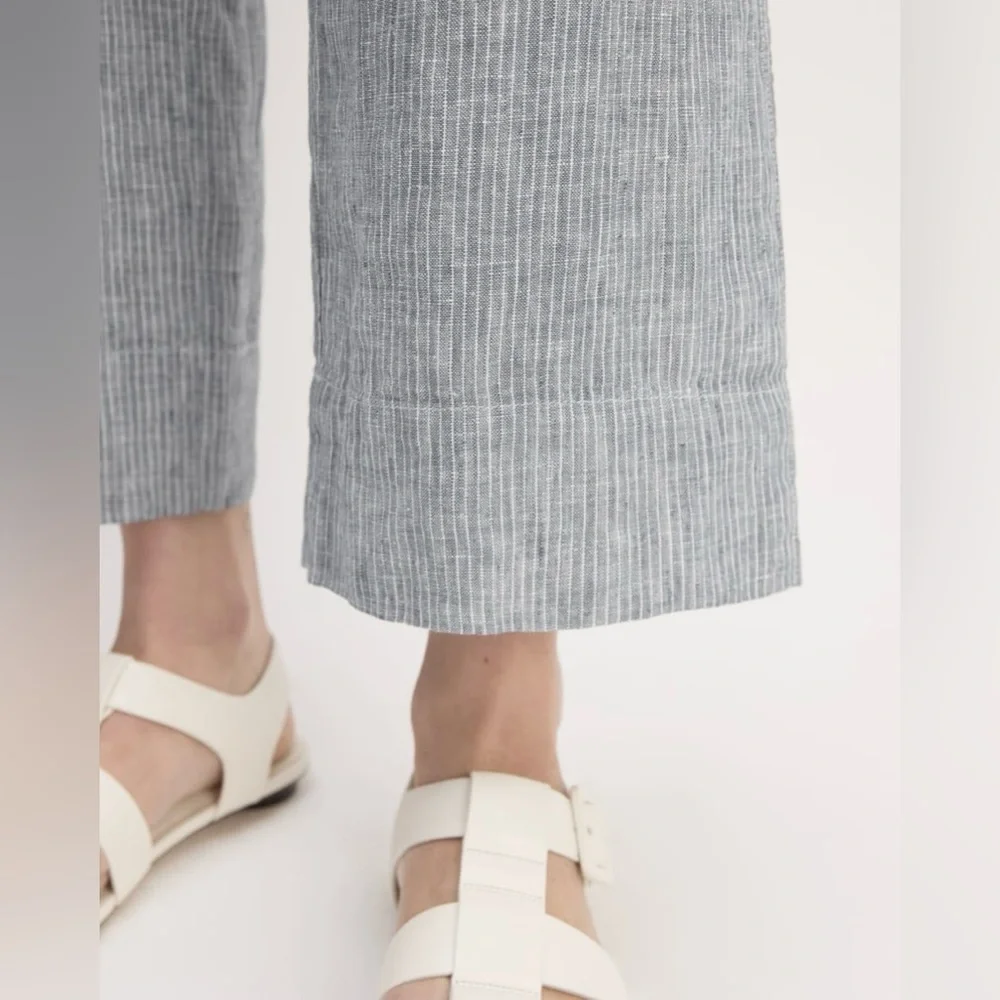 EVERLANE | LINEN STRIPED BELTED SQUARE NECKLINE JUMPSUIT SIZE 0 GRAY WHITE